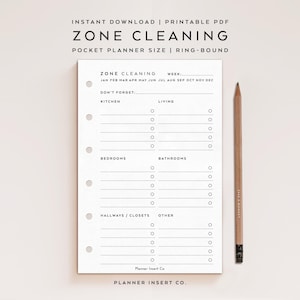 POCKET SIZE // Zone Cleaning Planner Insert Printable / Weekly Cleaning Checklist / Home Management Cleaning Plan Chores Schedule / Minimal