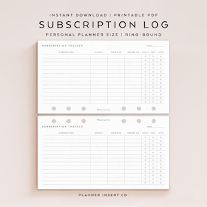 TAMAÑO PERSONAL // Planificador imprimible con registro de suscripciones, registro de suscripciones mensuales, lista de verificación de seguimiento de membresías, planificador minimalista
