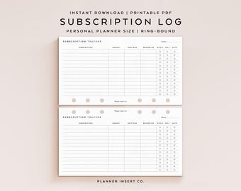 PERSÖNLICHE GRÖSSE // Abonnement-Tracker druckbare Planereinlage, monatliches Abonnement-Tagebuch, Checkliste für die Liste der minimalistischen Planer