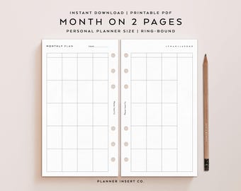 PERSONAL SIZE // Monthly Planner Printable Insert / Month On Two Pages / Month At A Glance / Monthly Agenda Organizer / MO2P / Minimal