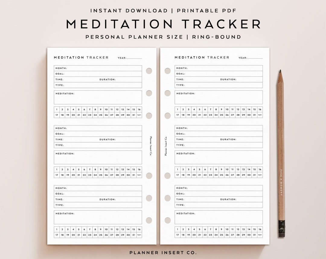 PERSONAL SIZE // Monthly Meditation Tracker Printable Planner Insert ...