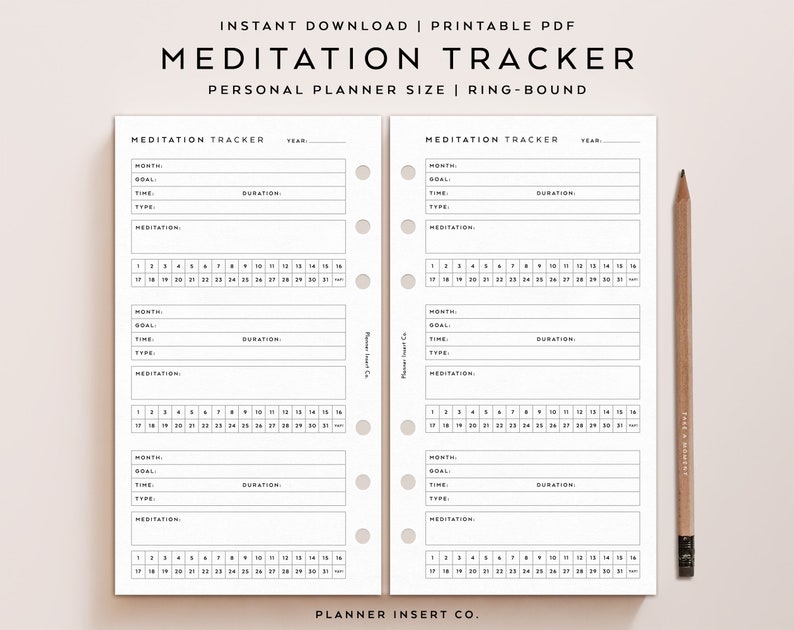 PERSONAL SIZE // Monthly Meditation Tracker Printable Planner Insert, Daily Meditation Routine ...