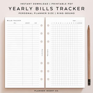 PERSONAL SIZE // Yearly Bills Tracker Planner Insert Printable, Annual ...