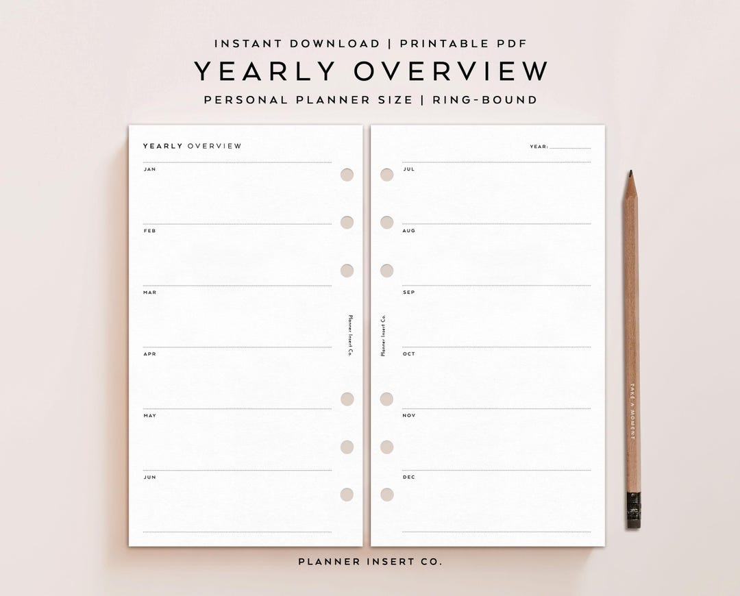 PERSONAL SIZE // Yearly Planner Insert Printable / Year at A Glance ...