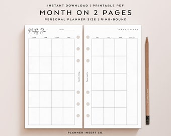 PERSONAL SIZE // Monthly Planner Printable Insert / Month On Two Pages / Monday Sunday Start / MO2P / Minimal / Monthly Plan Overview