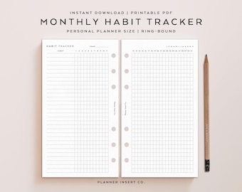 May include: A printable PDF monthly habit tracker with a grid layout for tracking habits. The planner insert is designed for personal use and ring-bound notebooks. A pencil rests on the right side of the image.