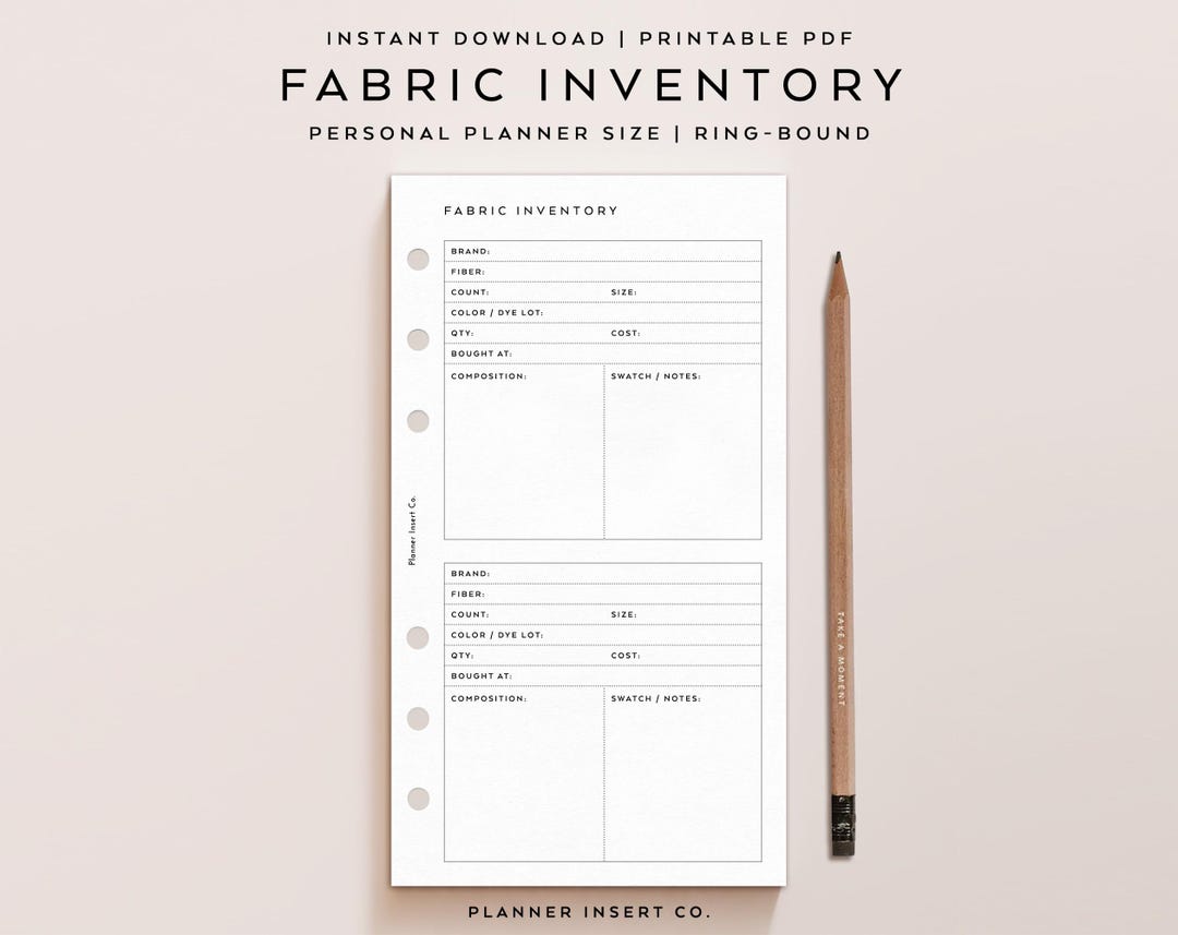 PERSONAL SIZE // Fabric Inventory List Tracker Printable Planner Insert ...