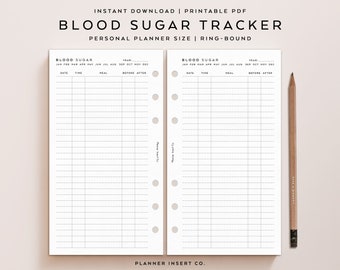 PERSONAL SIZE // Blood Sugar Tracker Printable Insert / Blood Sugar Log / Blood Glucose Tracker / Diabetic Log / Diabetes Tracker / Minimal