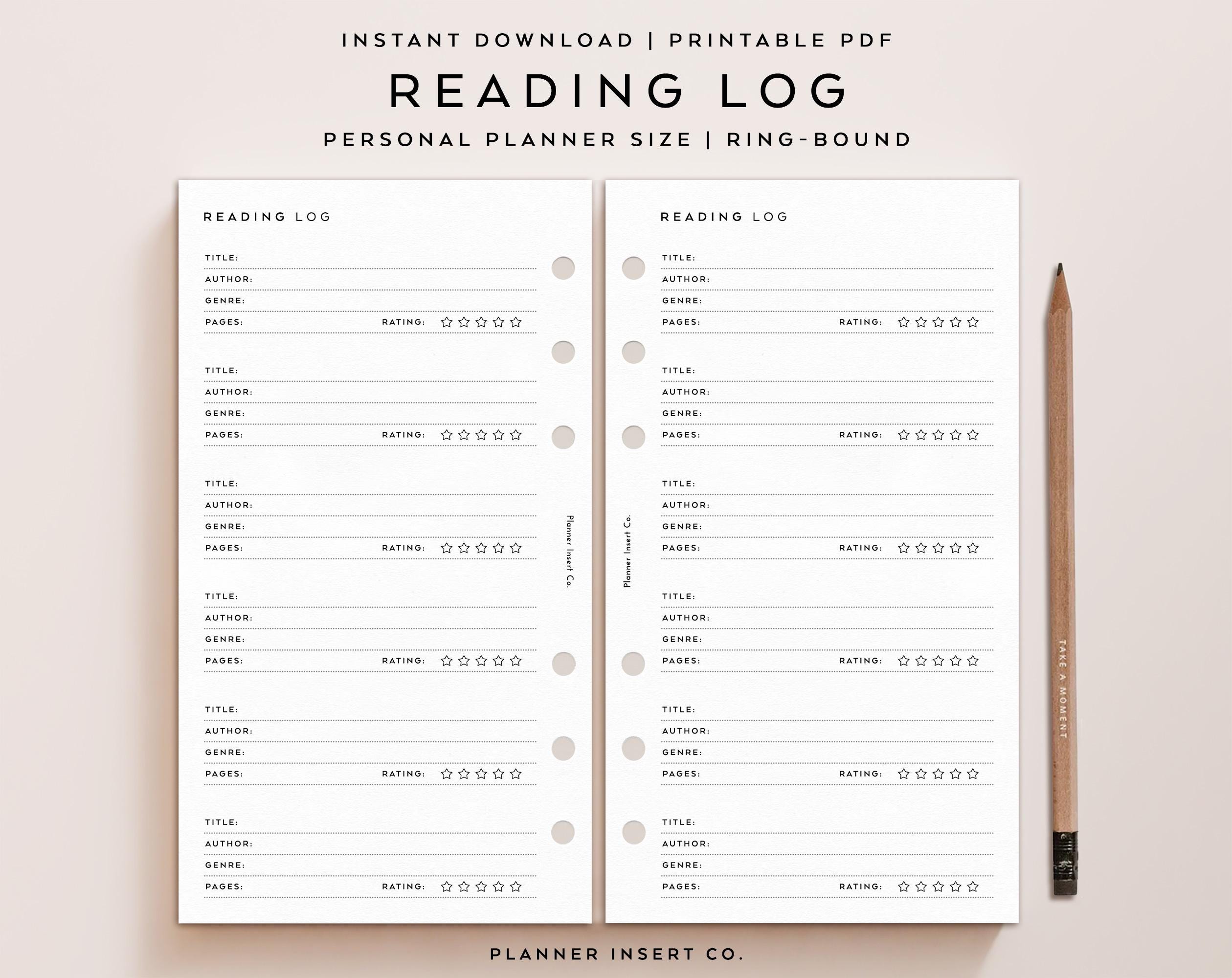 PERSONAL SIZE // Reading Log Printable Planner Insert / Student Reading ...