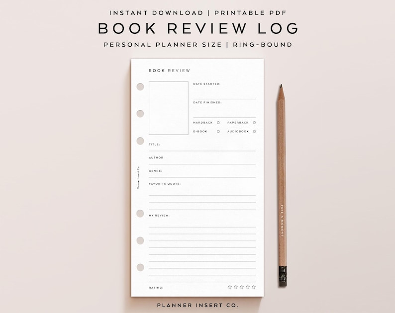 May include: A white book review log with a pencil on a light pink background. The log includes sections for title, author, genre, and a favorite quote. The text "BOOK REVIEW LOG" is at the top, with "PERSONAL PLANNER SIZE | RING-BOUND" below it.