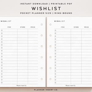 May include: A printable PDF wishlist planner insert, pocket planner size, ring-bound. The white pages have a grid layout with sections for item, store, and price. A wooden pencil is on the right.