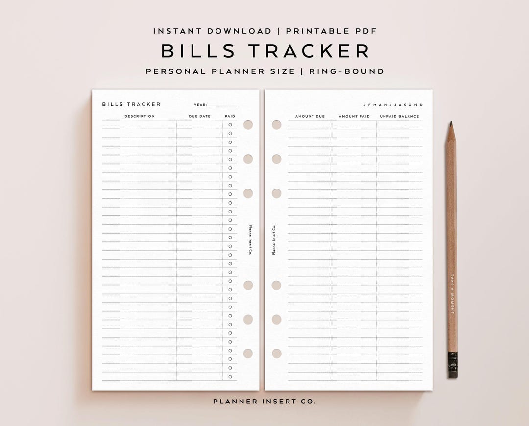PERSONAL SIZE // Monthly Bills Tracker Printable Planner Insert, Bills ...