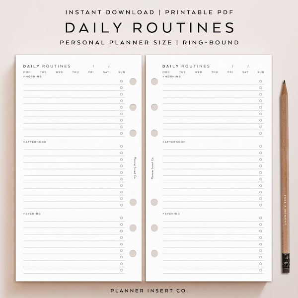 PERSONAL SIZE // Daily Routine Planner Printable Insert / Habit Tracker / Daily Routine Chart / Routine Tracking Habits / Minimalist Planner