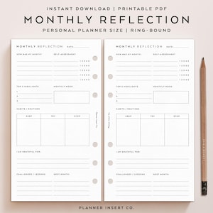 May include: A printable PDF monthly reflection planner insert for personal planners. The planner has sections for self-assessment, top highlights, monthly mood, habits, gratitude, challenges, and next month. The planner is designed for ring-bound planners.