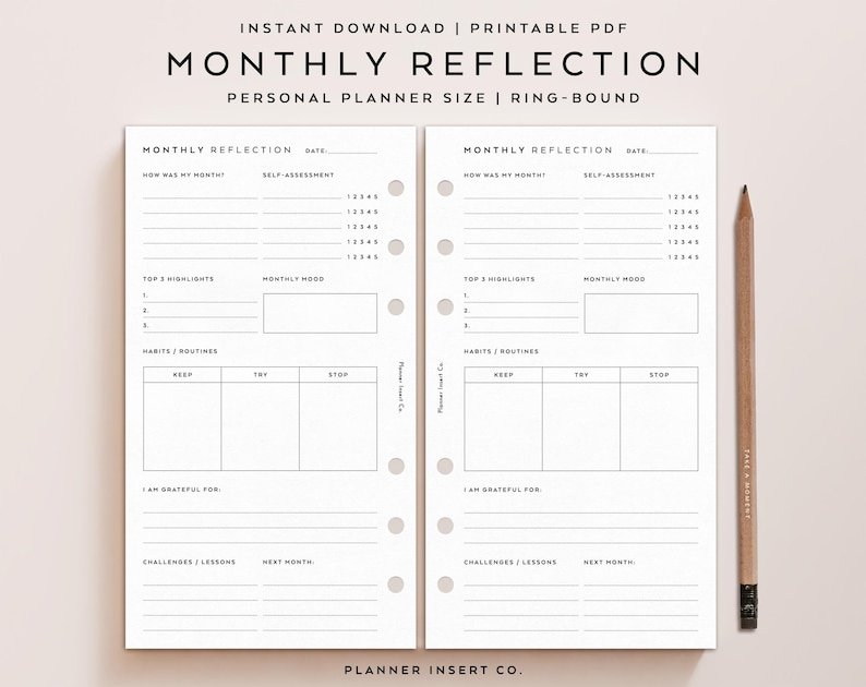 May include: A printable PDF monthly reflection planner insert for personal planners. The planner has sections for self-assessment, top highlights, monthly mood, habits, gratitude, challenges, and next month. The planner is designed for ring-bound planners.