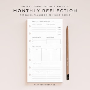 PERSONAL SIZE // Monthly Reflection Printable Planner Insert, Mindfulness Journal, Self Care Habits, Wellness, Gratitude, Self-Assessment