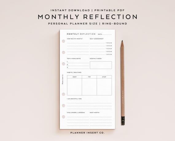PERSONAL SIZE // Monthly Reflection Printable Planner Insert, Mindfulness Journal, Self Care Habits, Wellness, Gratitude, Self-Assessment