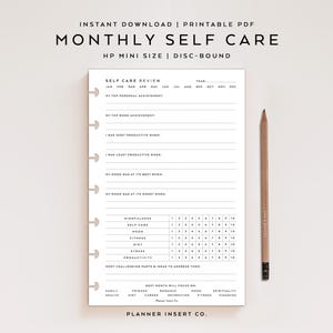 HP MINI SIZE // Monthly Self Care & Wellness Planner Insert Printable / Minimal / Self Care Journal Organizer / Mini Happy Planner Insert