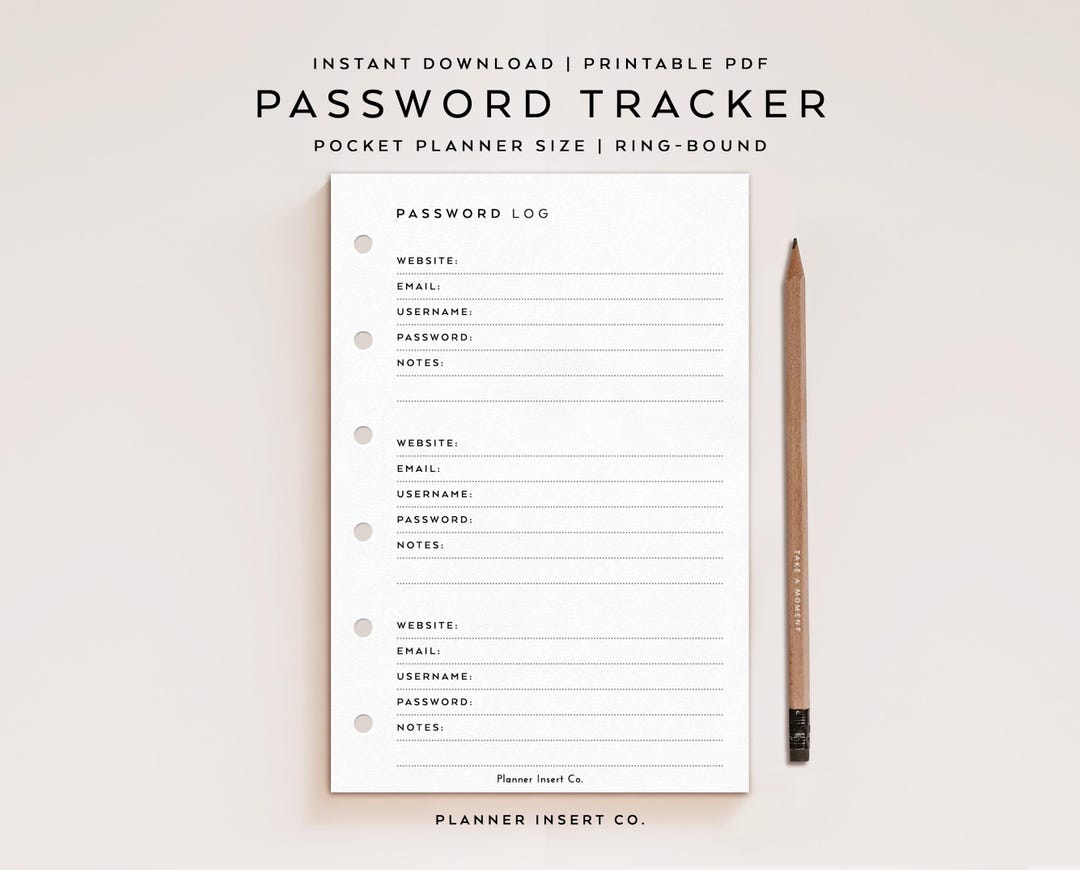 POCKET SIZE // Password Tracker Planner Insert Printable / Password ...