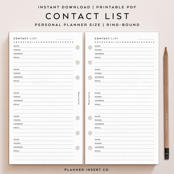PERSONAL SIZE // Contact List Printable Planner Insert / Emergency / Important Contact Organizer Client Information / Address Book / Minimal