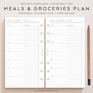 May include: Printable meal and grocery planner pages for a personal size ring-bound planner. The pages are white with black text and include a weekly meal planner and a grocery list section.
