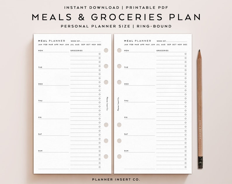 May include: Printable meal and grocery planner pages for a personal size ring-bound planner. The pages are white with black text and include a weekly meal planner and a grocery list section.