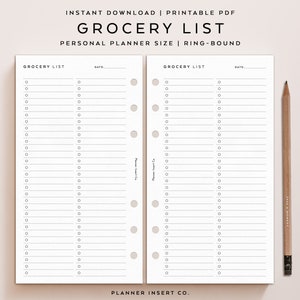 May include: A printable PDF grocery list for personal planners. The design features two pages with lined sections for grocery items and a date field. A pencil with the text "TAKE A MOMENT" is on the right side.