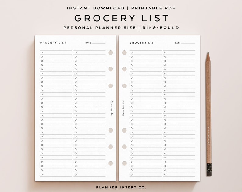 May include: A printable PDF grocery list for personal planners. The design features two pages with lined sections for grocery items and a date field. A pencil with the text "TAKE A MOMENT" is on the right side.