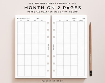 PERSONAL SIZE // Monthly Planner Printable Insert / Month On Two Pages / Month At A Glance / Monday Sunday Start / MO2P / Minimal / Monthly