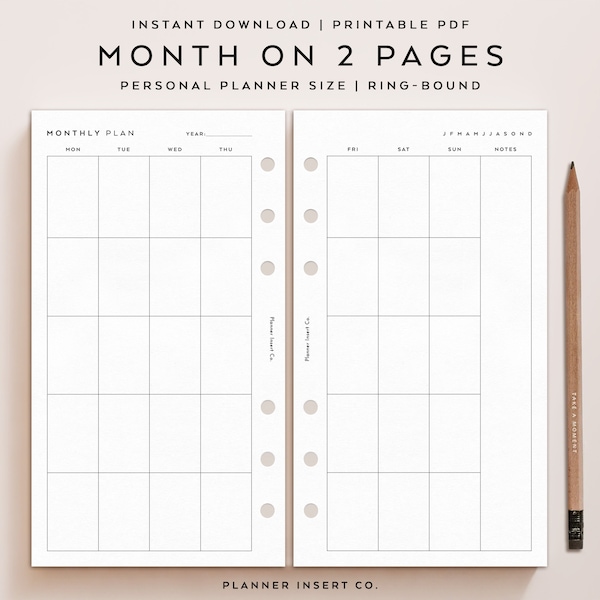 PERSONAL SIZE // Monthly Planner Printable Insert / Month On Two Pages / Month At A Glance / Monday Sunday Start / MO2P / Minimal / Monthly