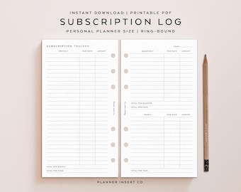 PERSONAL SIZE // Subscription Log Tracker Printable Planner Insert, Monthly Quarterly Yearly, Expense Tracker, Membership Checklist Tracker