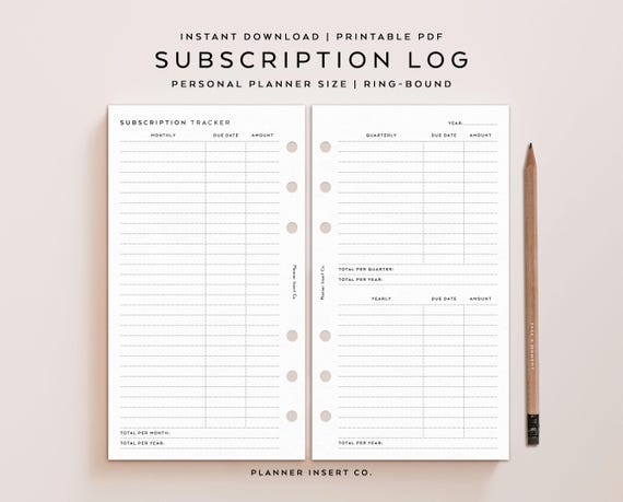 PERSONAL SIZE // Subscription Log Tracker Printable Planner Insert, Monthly Quarterly Yearly, Expense Tracker, Membership Checklist Tracker