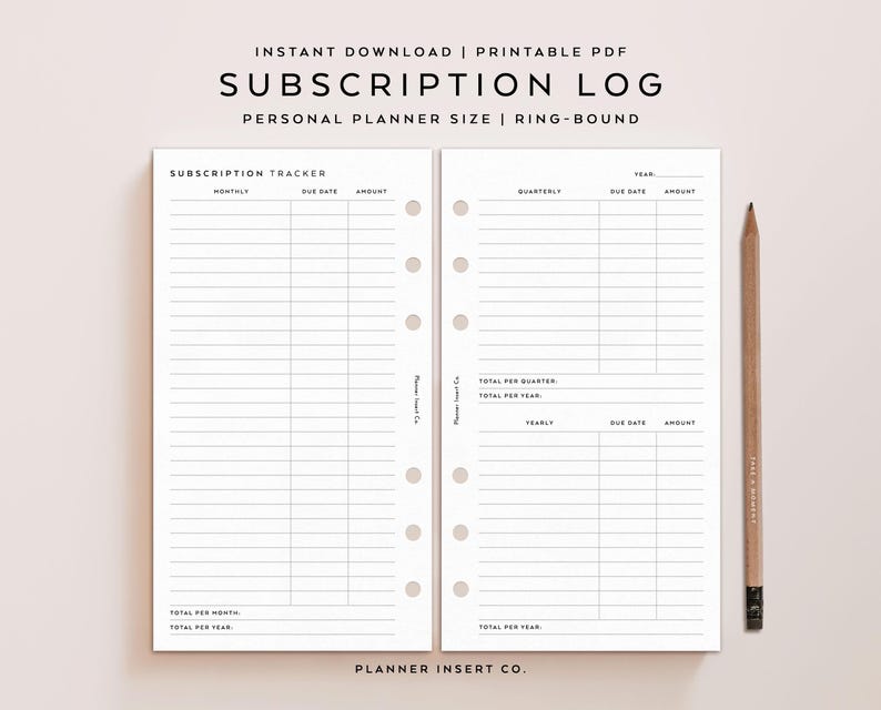 PERSONAL SIZE // Subscription Log Tracker Printable Planner Insert, Monthly Quarterly Yearly, Expense Tracker, Membership Checklist Tracker image 1