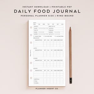 PERSÖNLICHE GRÖSSE // Tägliches Food Journal Printable Planer Einlage, Ernährungstagebuch, Kalorienaufnahme, Mahlzeitenplaner, tägliche Gesundheit & Fitness, Minimal