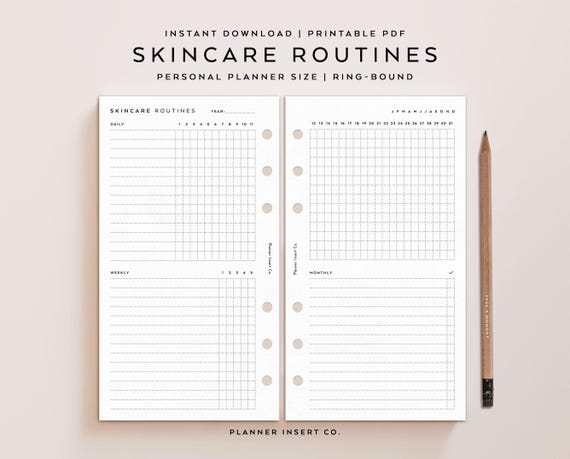 PERSONAL SIZE // Skincare Routine Planner Printable Insert / Daily Weekly Monthly Skin Care Tracker / Skincare Checklist / Self Care Beauty