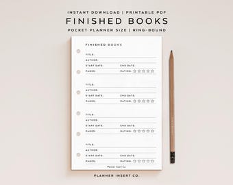 POCKET SIZE // Finished Books Tracker Planner Insert Printable / Books Read Log / Reading Journal / Completed Reading List / Minimal