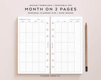 PERSONAL SIZE // Monthly Planner Printable Insert / Month On Two Pages / Month At A Glance / Monday Sunday Start / MO2P / Minimal / Monthly