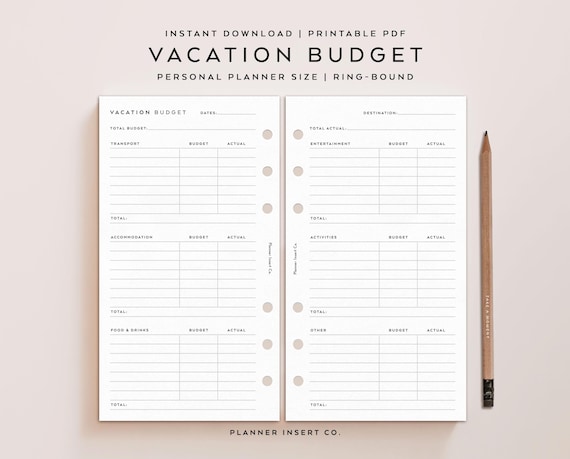 PERSONAL SIZE // Vacation Budget Planner Insert Printable, Travel Spending, Holiday Budget, Vacation Expenses, Holiday Finances, Minimal
