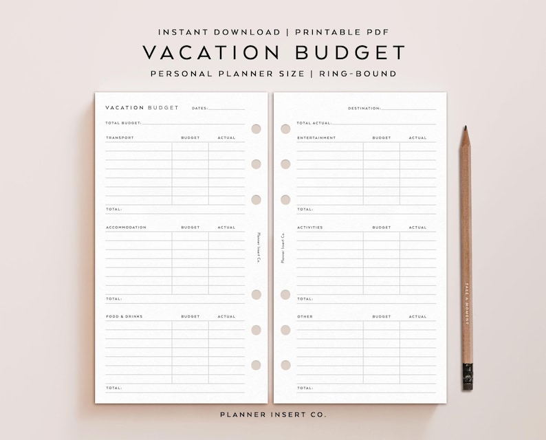 May include: A white printable vacation budget planner insert with black text and lines, featuring sections for transport, accommodation, food, drinks, entertainment, and activities. The layout includes six ring-bound holes on the inner edges.