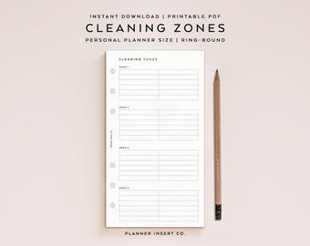 PERSONAL SIZE // Zone Cleaning Printable Planner Insert / Cleaning Zones List Home Management Weekly Cleaning Plan Chores Schedule / Minimal