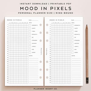 PERSOONLIJKE GROOTTE//stemming in pixels tracker afdrukbare planner invoegen, stemmingstracking, stemmingswisselingen, stemmingswisselingen, grafiek logboek dagboek, minimaal