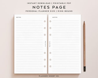 PERSONAL SIZE // Notes Page Printable Planner Insert  / Lined Notes Planner Template / Note Taking Planner Insert / Writing Paper / Minimal