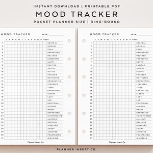 Pu&ograve; includere: Un tracker dell'umore PDF stampabile con un layout a griglia per le voci giornaliere. Il planner include una chiave per il monitoraggio degli stati d'animo come neutro, felice e ansioso. Una matita &egrave; appoggiata sul lato destro del planner. Il testo in alto recita "Download istantaneo | PDF stampabile".