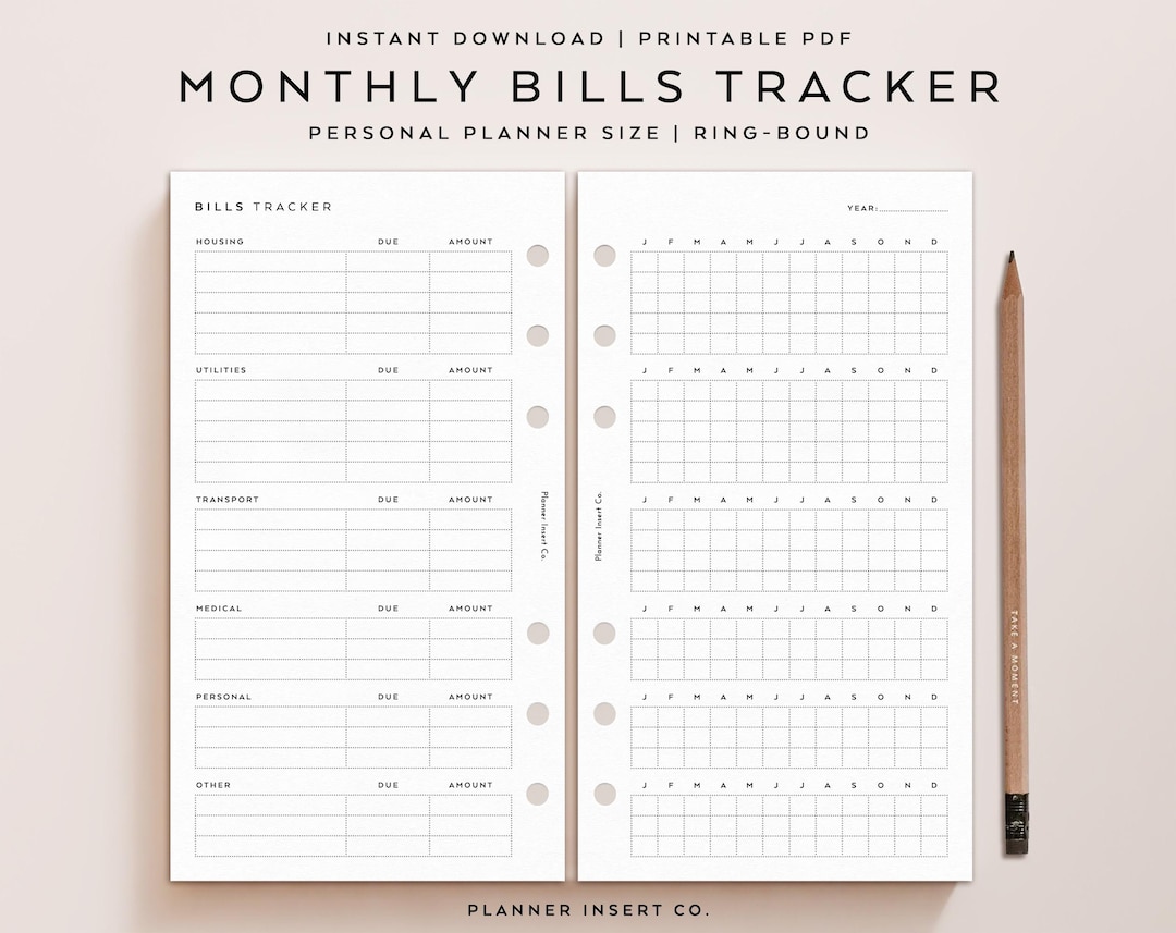 PERSONAL SIZE // Monthly Bills Tracker Planner Insert Printable / Bills ...