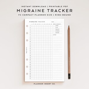 May include: A white migraine tracker planner insert with black text and grid lines. The page features a header labeled MIGRAINE TRACKER, a monthly grid, a severity key, and a notes section. It has six circular punch holes on the left side.