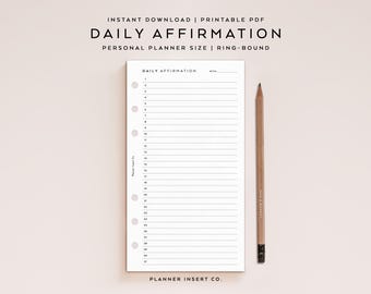 TAILLE PERSONNELLE // Insertion d'agenda imprimable avec affirmations quotidiennes / Page d'affirmations positives / Journal de gratitude / Bien-être et soins personnels / Minimal