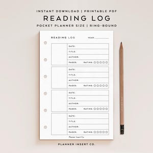 May include: A white Reading Log printable PDF with a pencil. The log includes fields for date, title, author, pages, and rating. The text "READING LOG" and "POCKET PLANNER SIZE | RING-BOUND" are at the top. A wooden pencil is on the right.