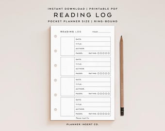 POCKET SIZE // Reading Log Printable Planner Insert, Book Reviews Tracker, Reading Journal, Books To Read, Book Log, Pocket Rings Insert