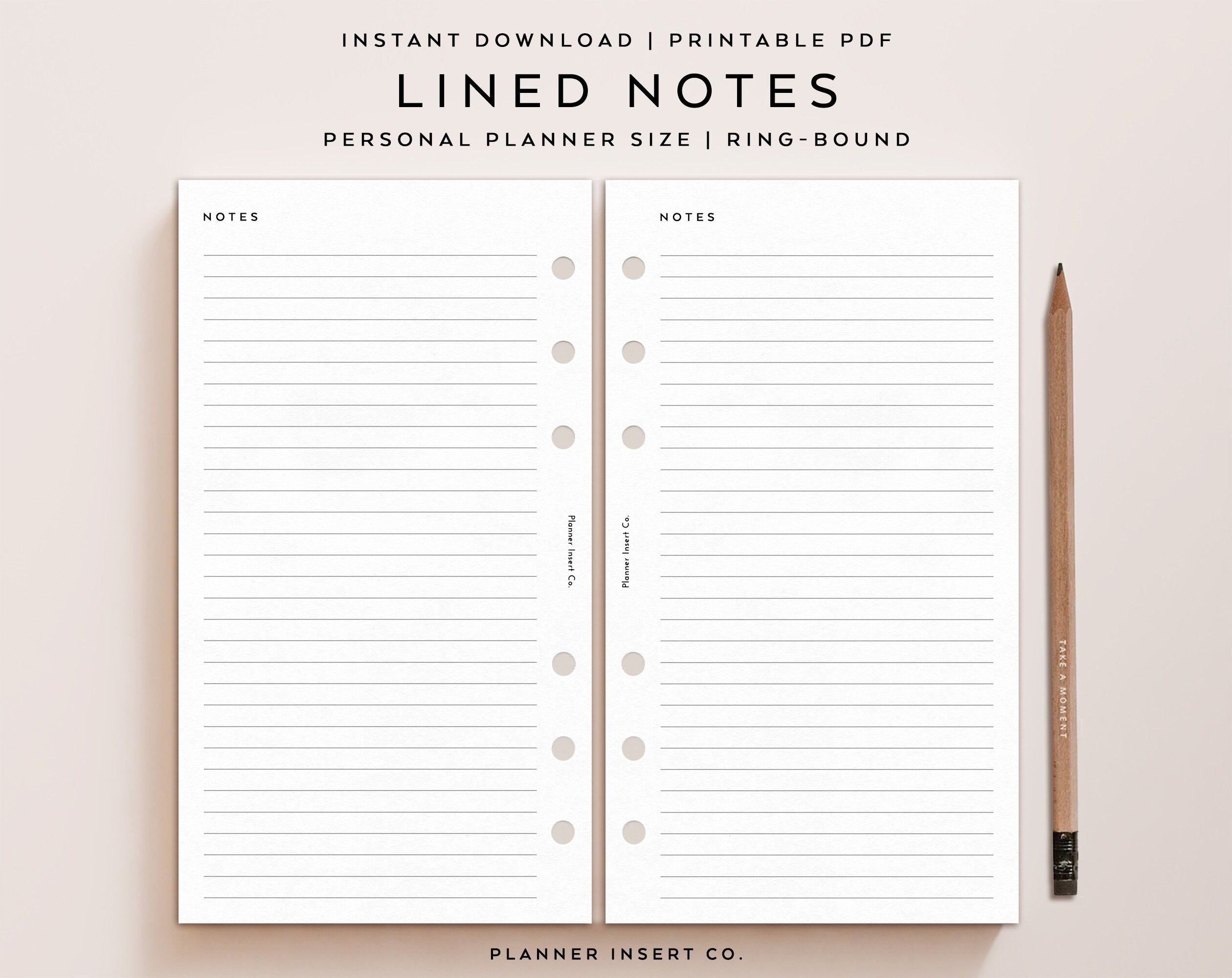 PERSONAL SIZE // Lined Notes Printable Planner Insert / Notes Page Planner Template / Note Taking Planner Insert / Writing Paper / Minimal