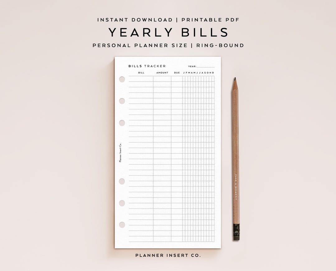 PERSONAL SIZE // Bills Tracker Planner Insert Printable, Yearly Monthly ...